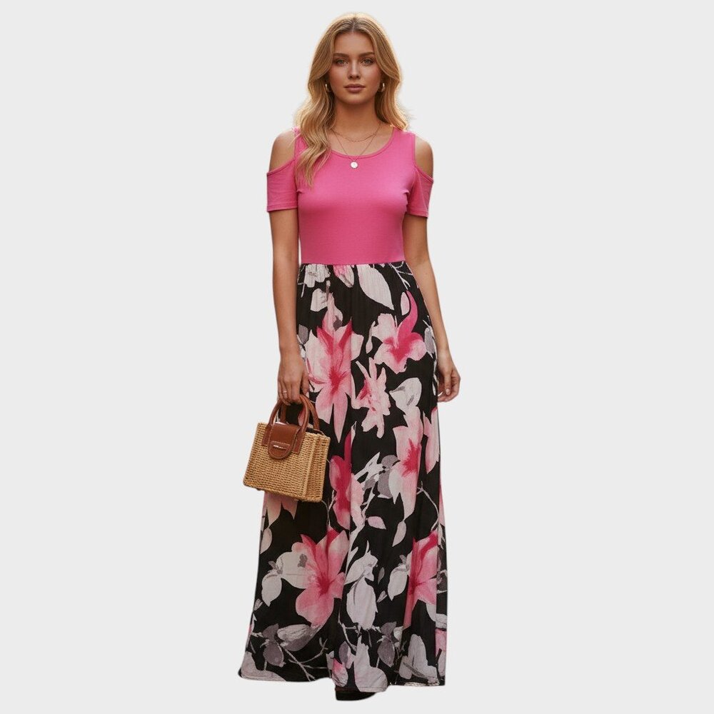 KANCYSTORE Maxi Dress Womens Small Pink Black Floral Cold Shoulder Boho Flow
